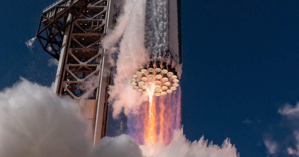 Starship’s 33 engines push down with 74,400 kilonewtons at liftoff — roughly twice the force of the Saturn V that sent humans to the Moon, yet the whole vehicle is designed to be caught like a falling pencil and flown again the next day